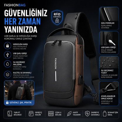 FashionBag Premium USB Şarjlı Güvenlik Omuz Çantası